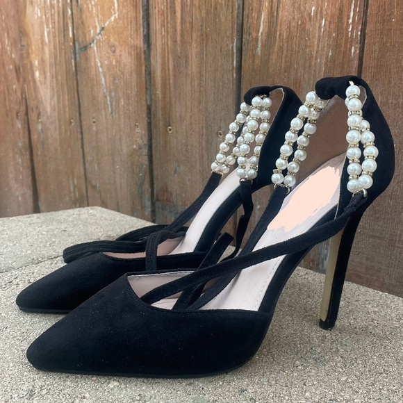 Women’s Black Suede Pointed Toe Stiletto Heel Pearl Bead Straps Shoe Size 39 - Picture 1 of 10